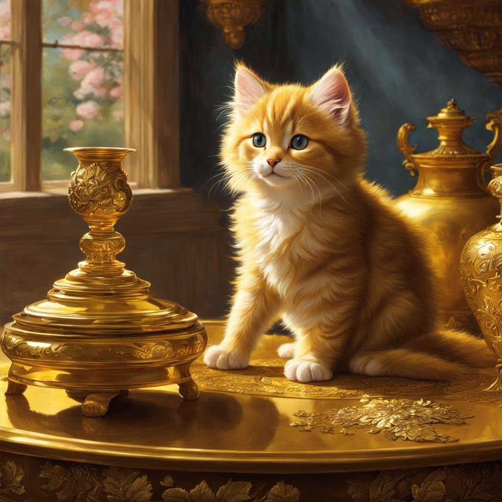 Fluffy Kitten Admires Golden Treasures in a Sunny Scene