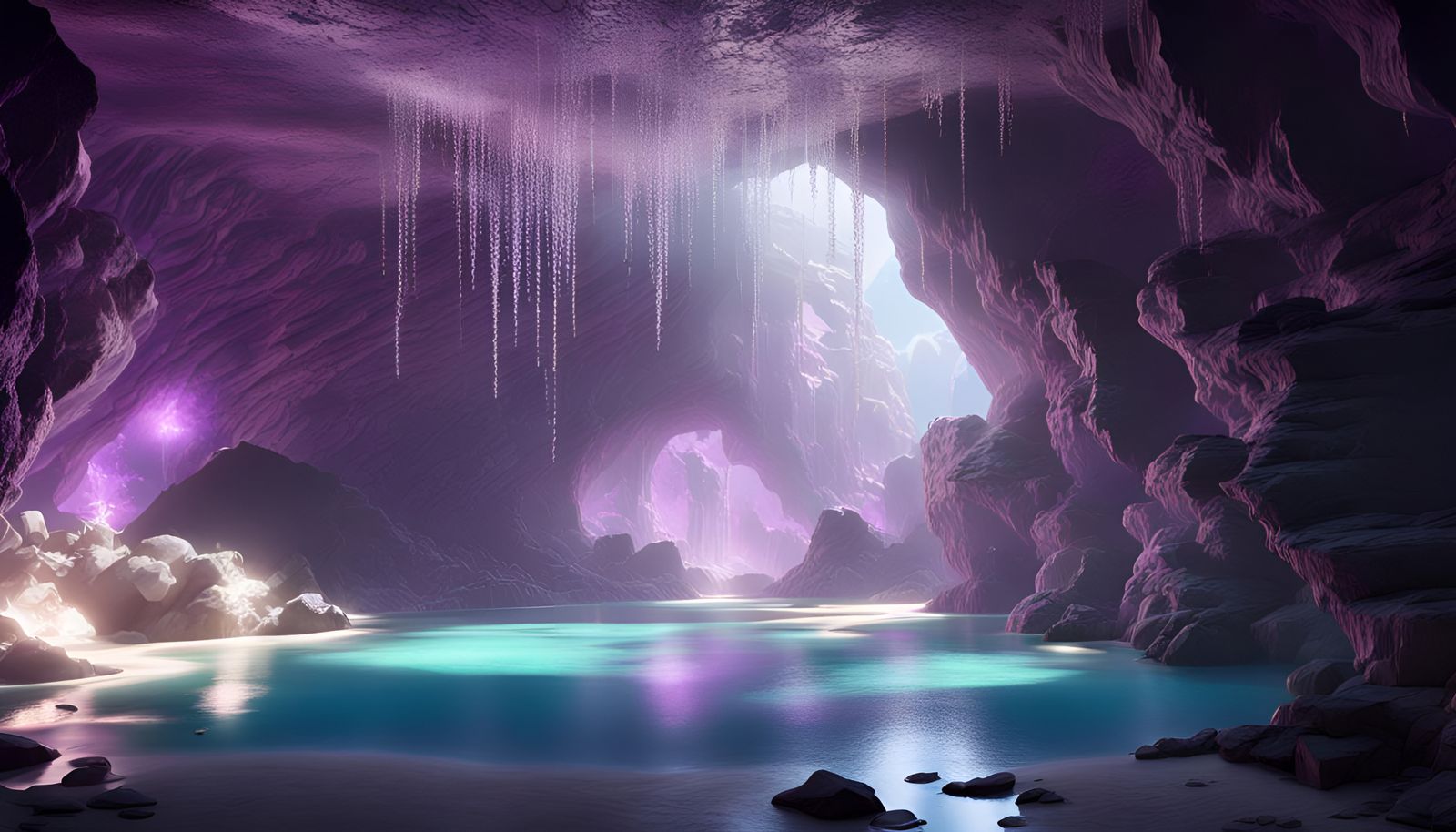 Inside A Cave With Amethyst And Crystal Stalagmites And A Hot Spring Lagoon (Continued)