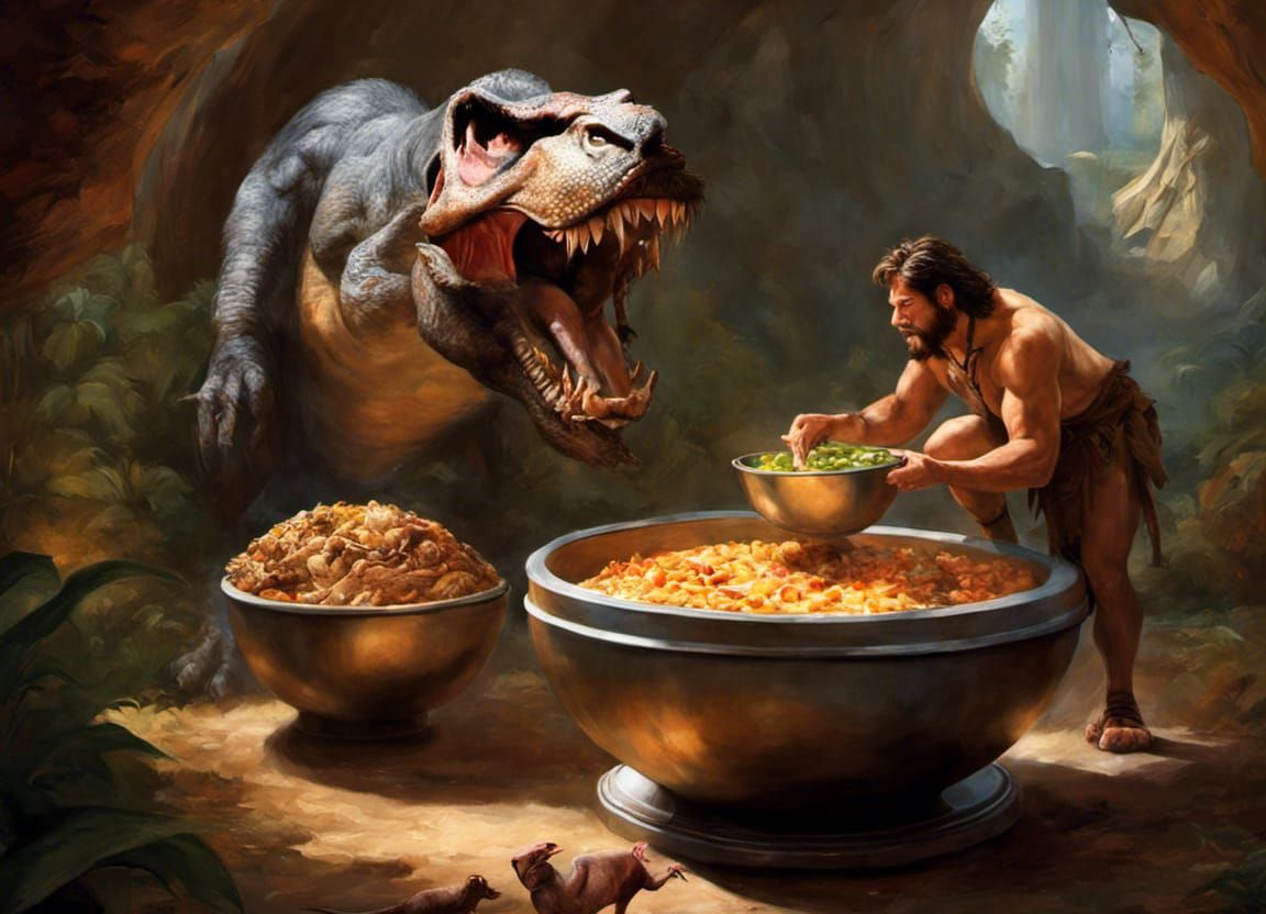 Caveman Feeds Pet Dinosaur: Anachronism Art