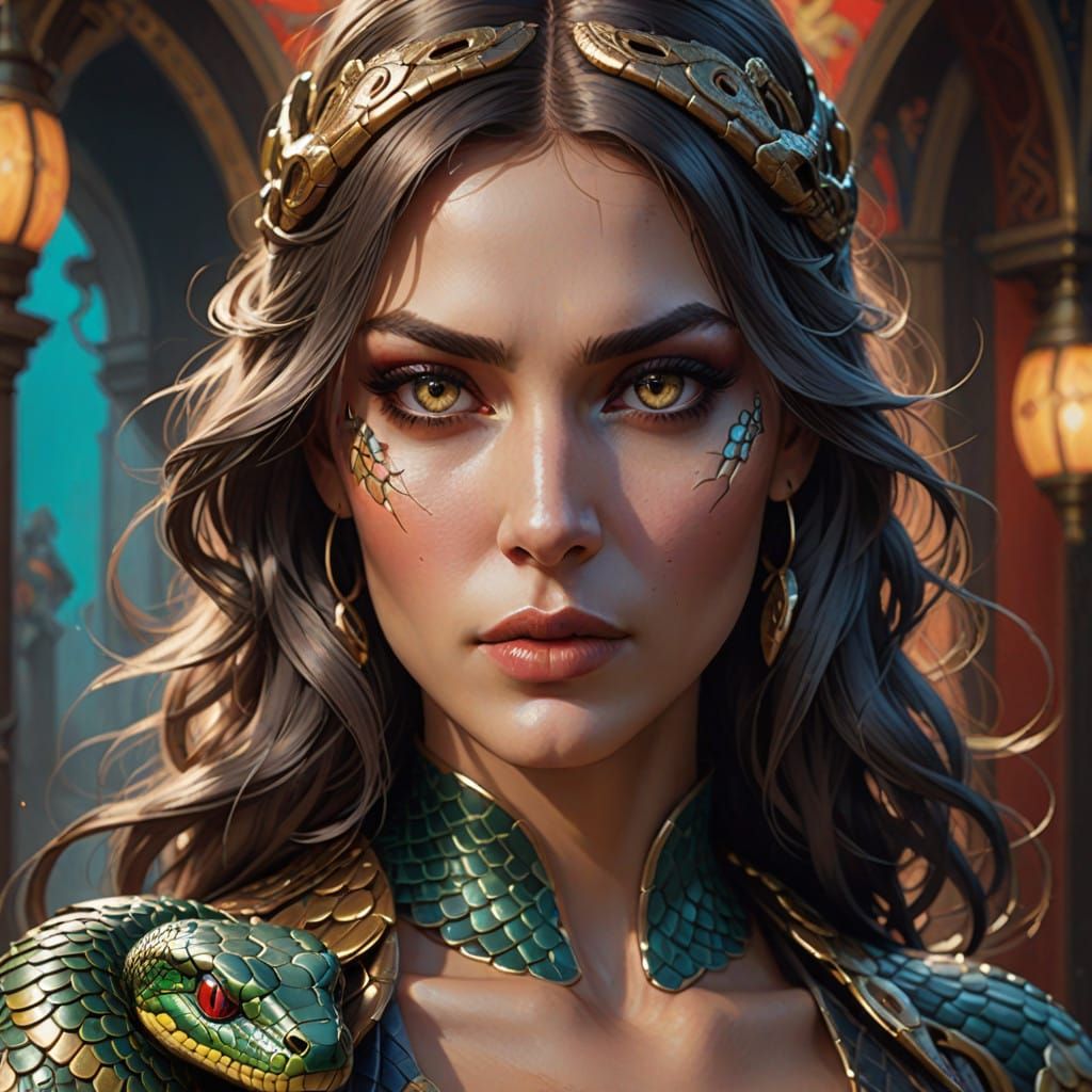 Seductive Siren with Ophidian Gaze in Hyperdetailed Art