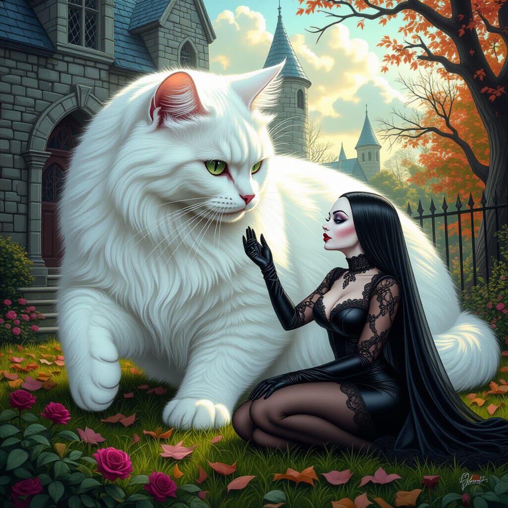 Giant White Cat and Miniature Goth Girl