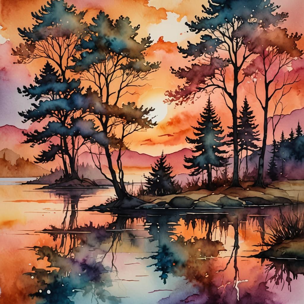 Sunset Lake: Watercolor and Alcohol Ink Landscape