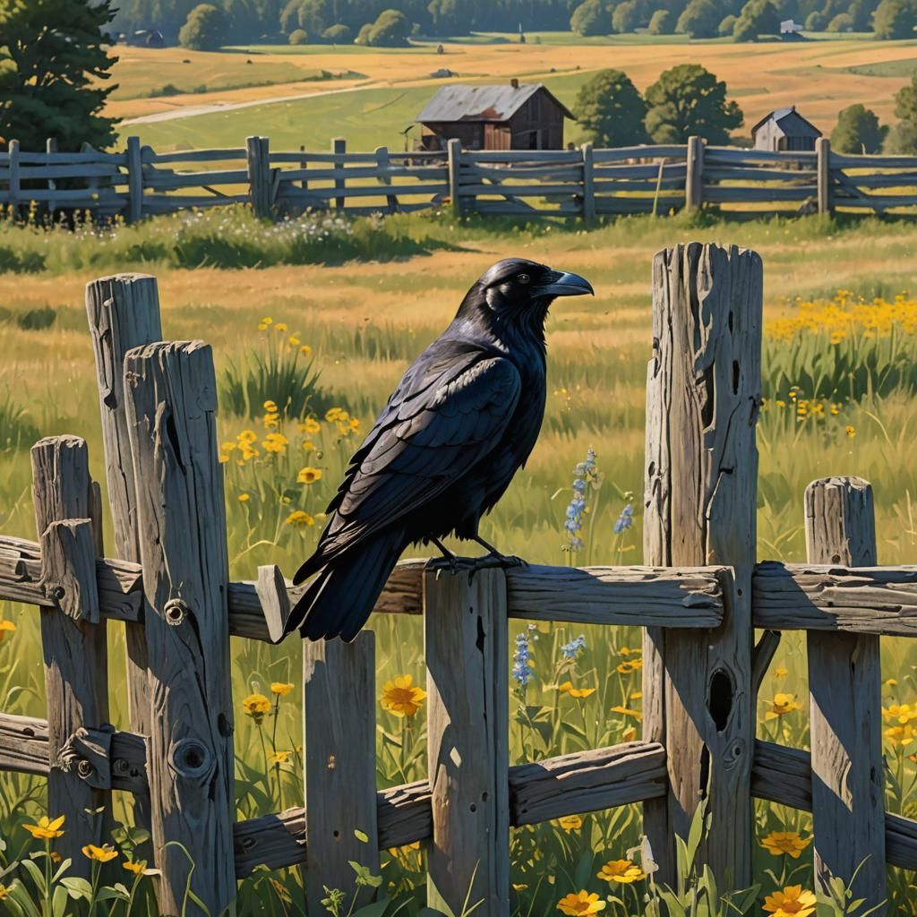 Raven Observes Farm Animals in Radiant Sunlight