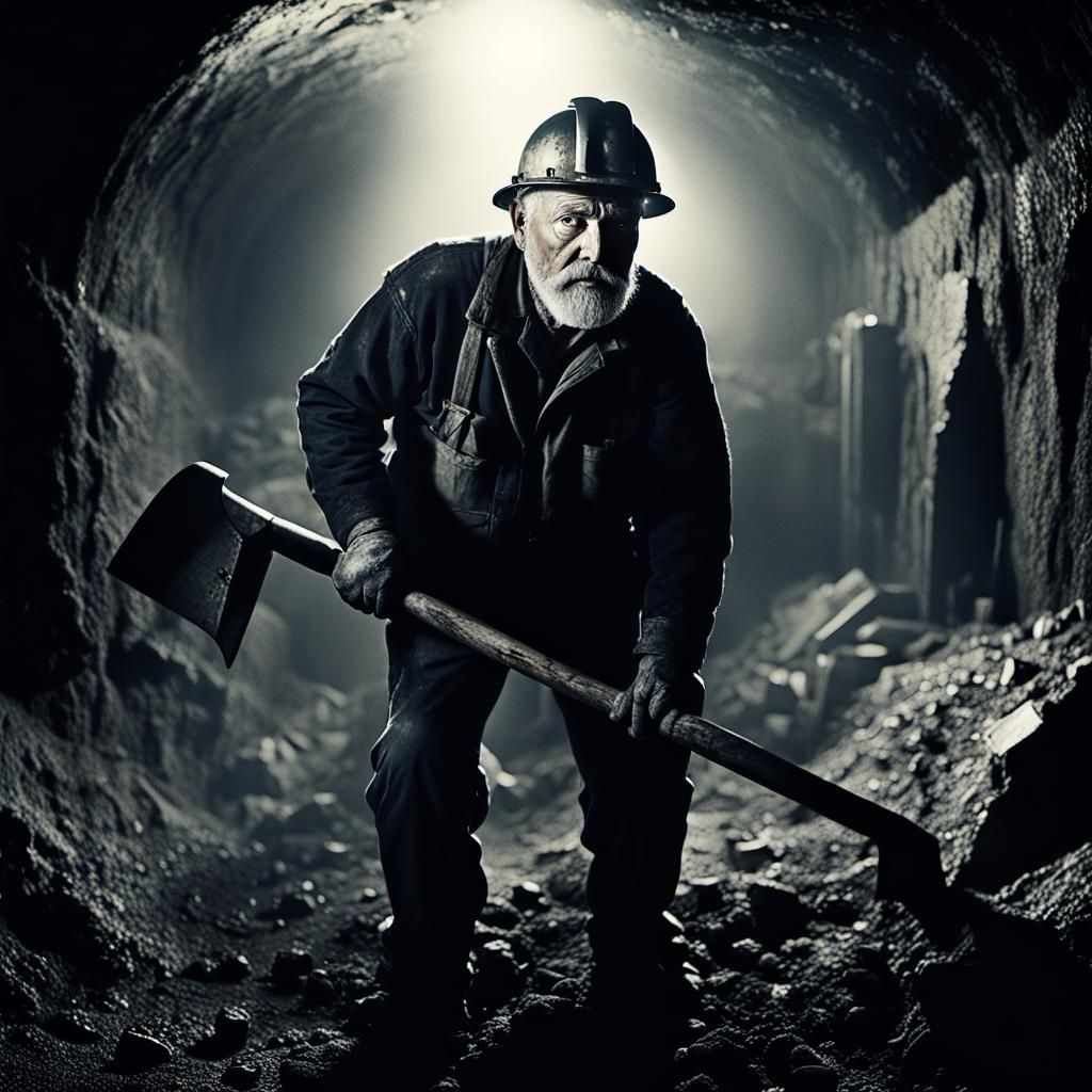 Gritty Coal Miner in Dimly Lit Mine Tunnel