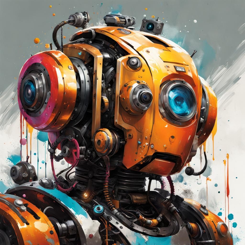 Cartoon Gear Golem Robot Portrait in Oil Paint