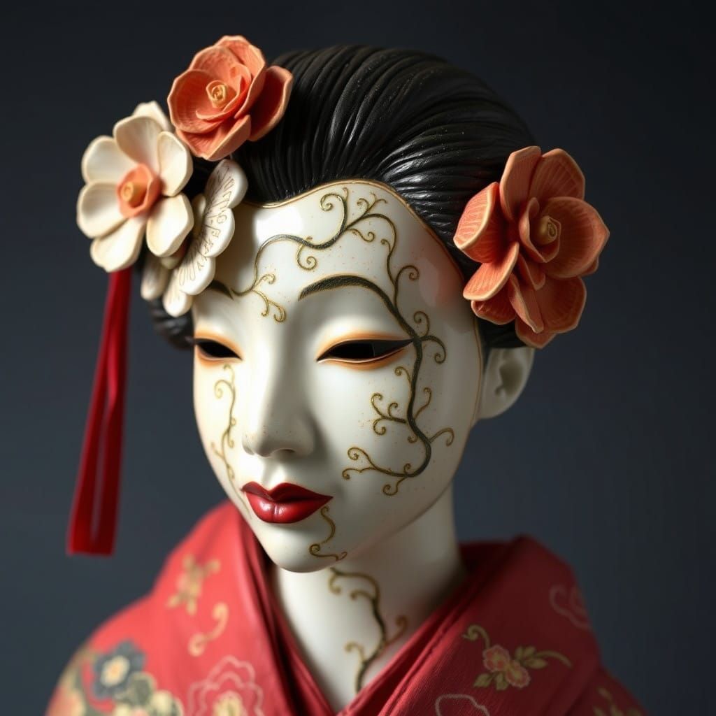 Geisha Inspired Ceramic Mask in Kintsugi Style