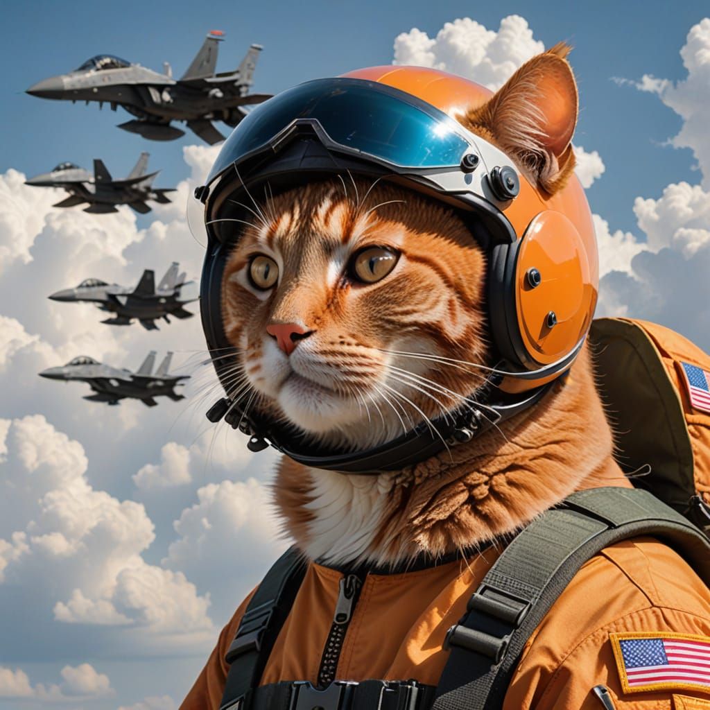 Orange Cat Soaring in an F-15 Fighter Jet