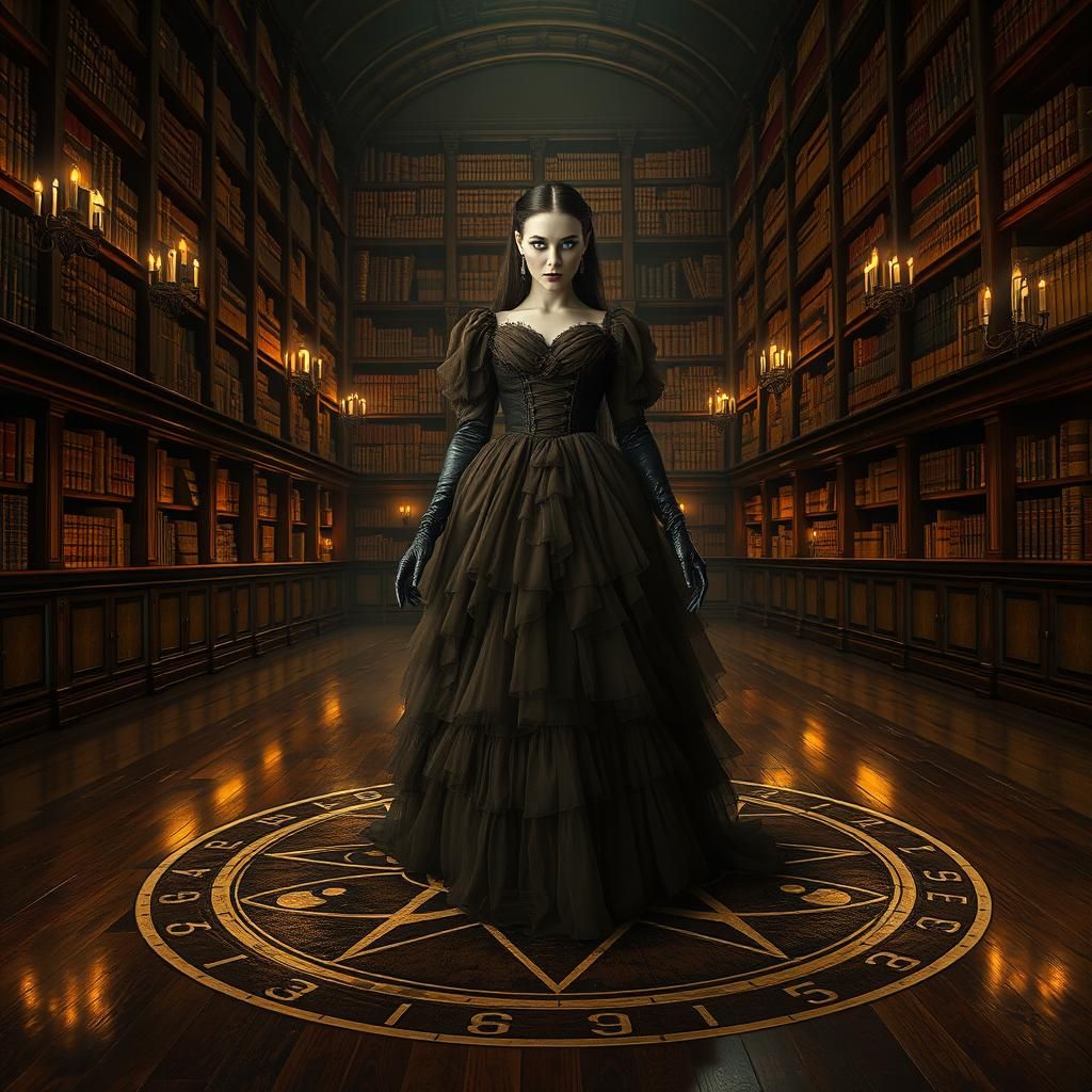 Mysterious Woman in Victorian Library, Dark Fantasy Art