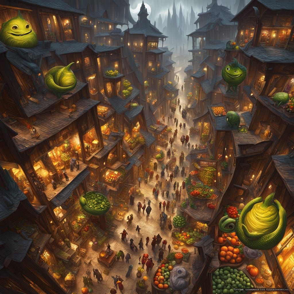 Alien Market at Night in Gouache Style
