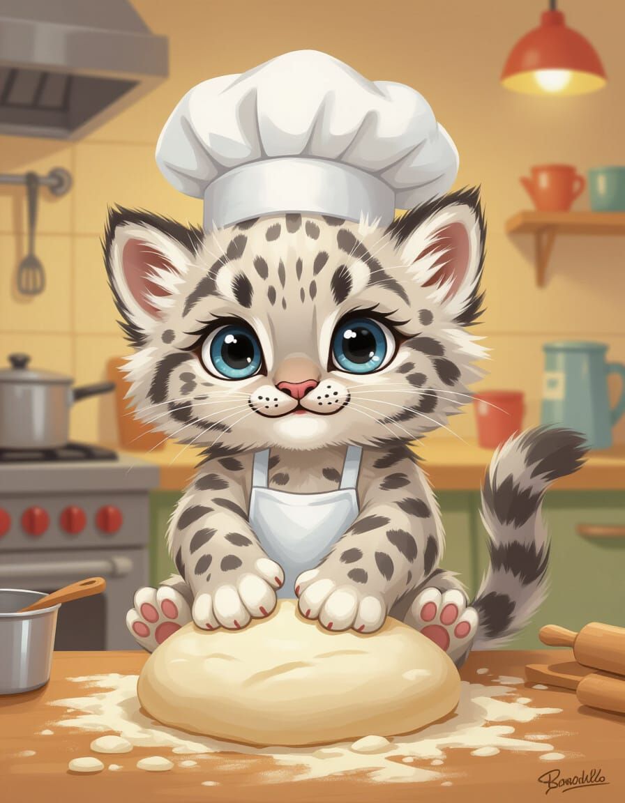 Fluffy Snow Leopard Kitten Chef in Cartoon Kitchen