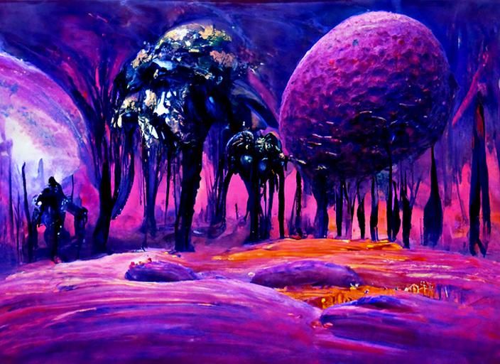 Purple Planet Forest with Giant Predator, Oil Painting