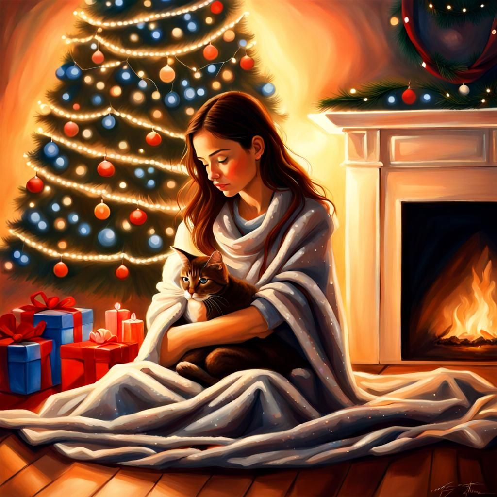 Cozy Christmas Scene with Woman and Cat
