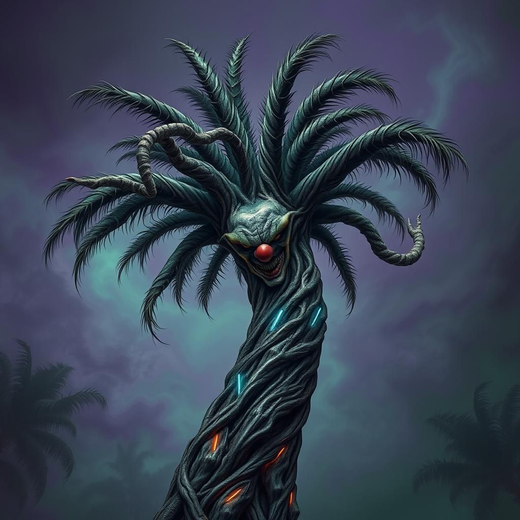 Surreal Clown-Faced Palm Tree in Dreamlike Psychedelic Style
