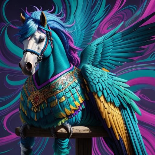 This pegasus is male with green eyes, a royal purple coat, a...