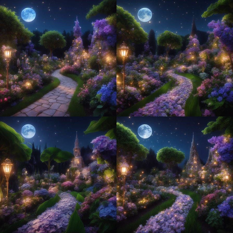 Whimsical Flower Power Garden Under Starry Night Sky