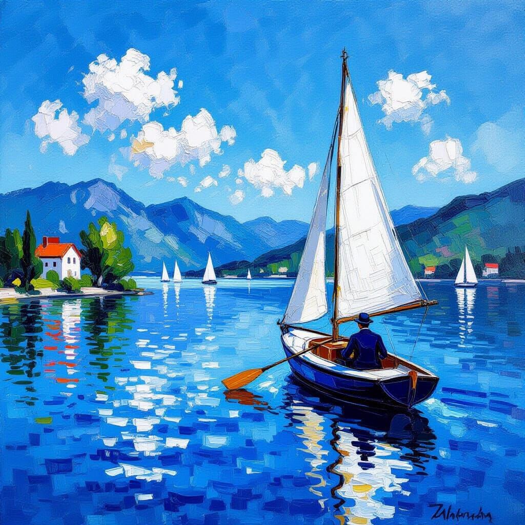 Impressionist Sailboat on Serene Lake Painting