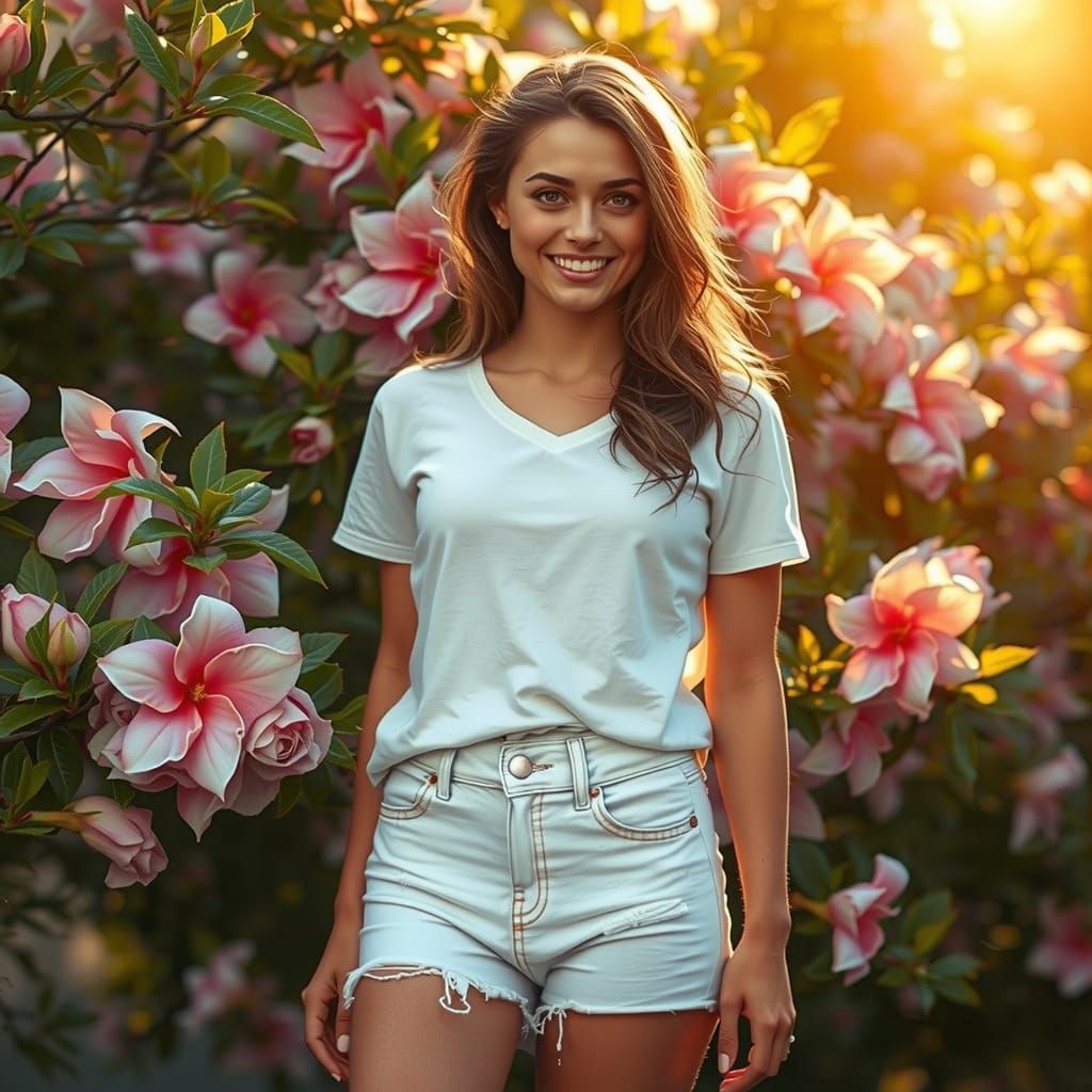 Radiant European Woman in Blooming Camelia Bush