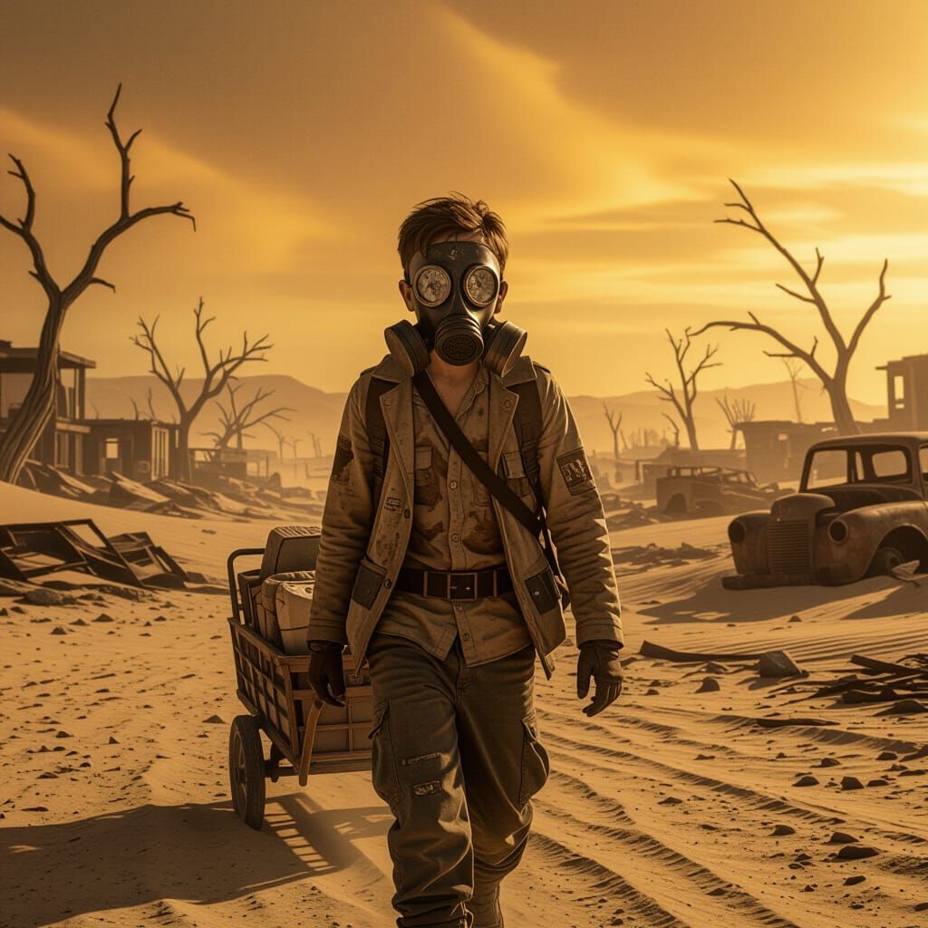 Boy in Gas Mask in Post-Apocalyptic Wasteland