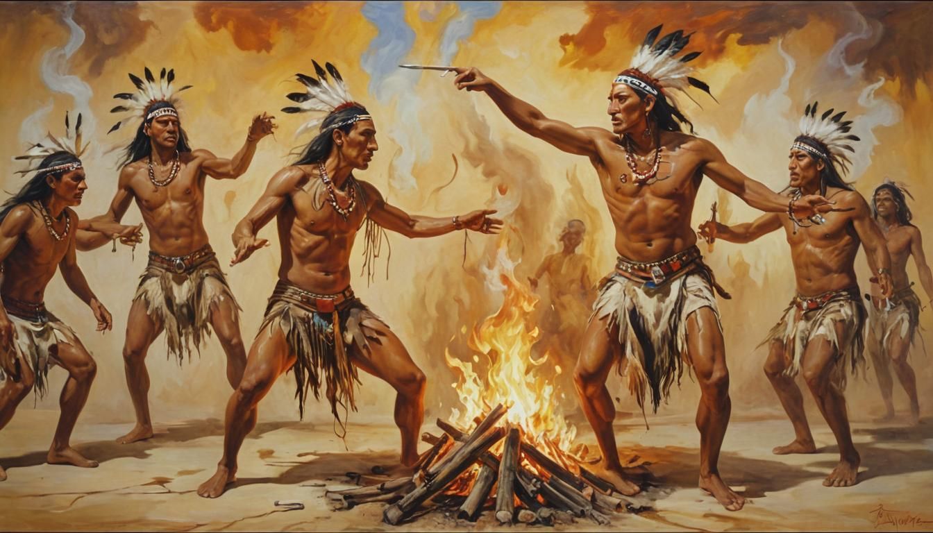 Native American Dancers in Surrealist Melting Oil Painting