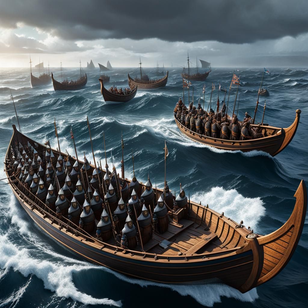 Viking long boats, full of warriors, battle the rough seas, ...