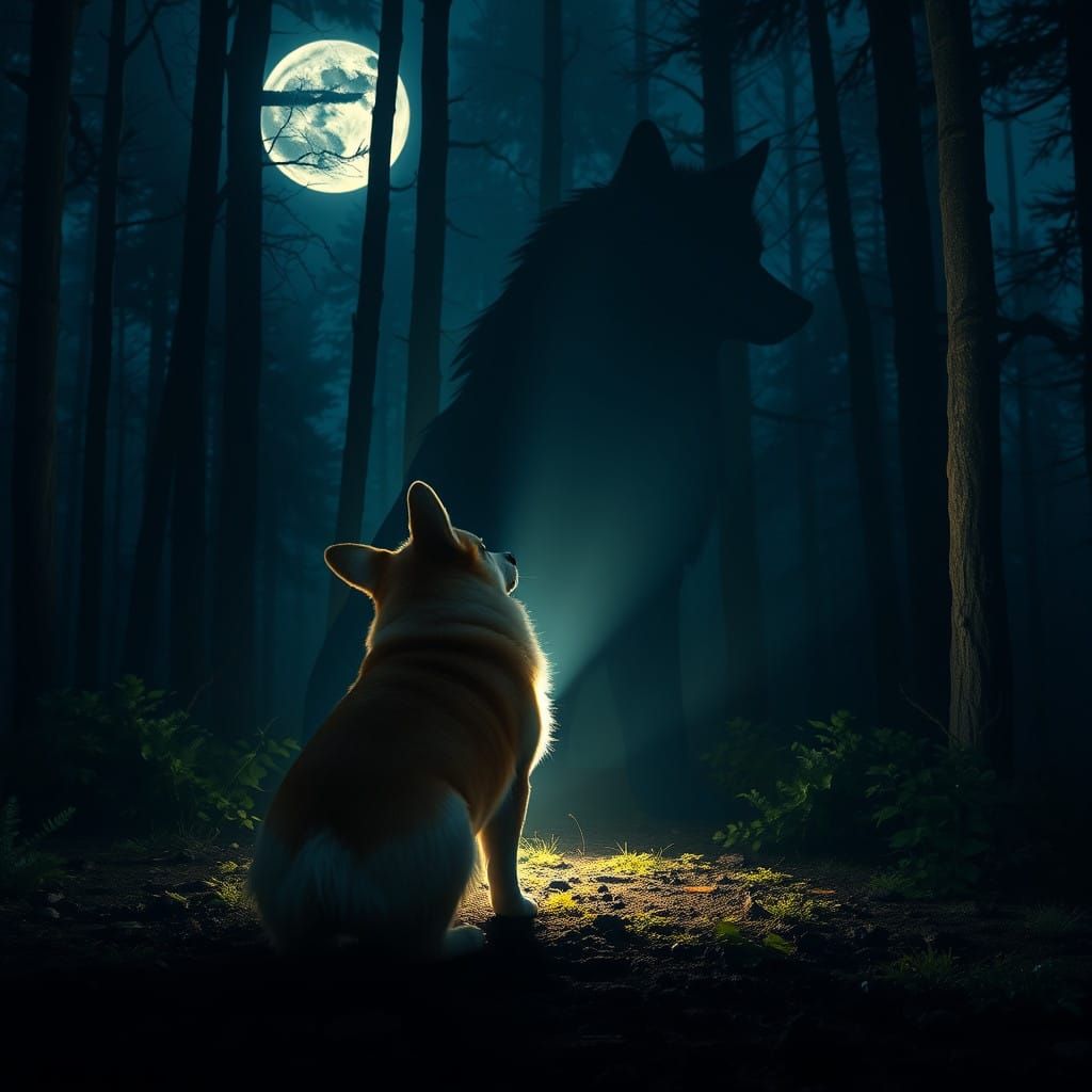 Corgi Silhouetted by Moonlight Transforms into Majestic Wolf