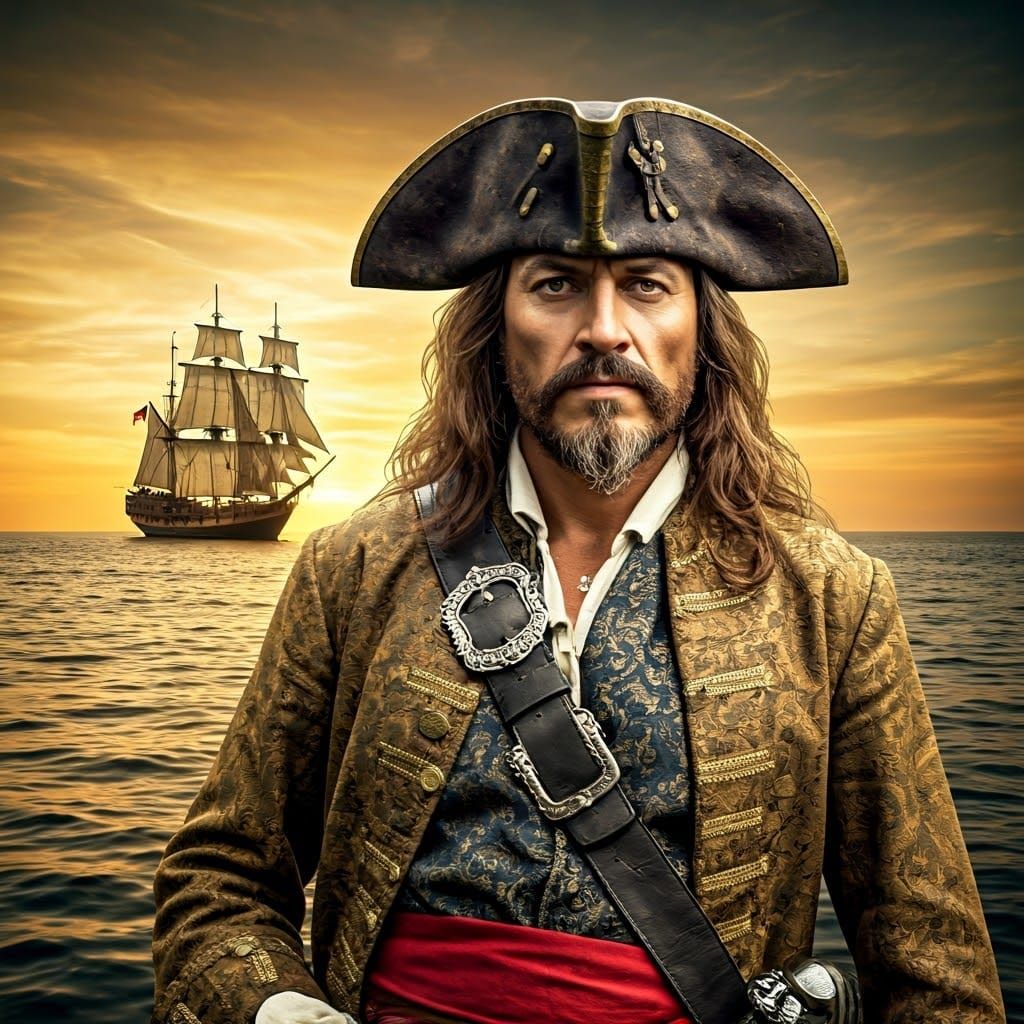 Regal Pirate Captain Sailing Into Sunset