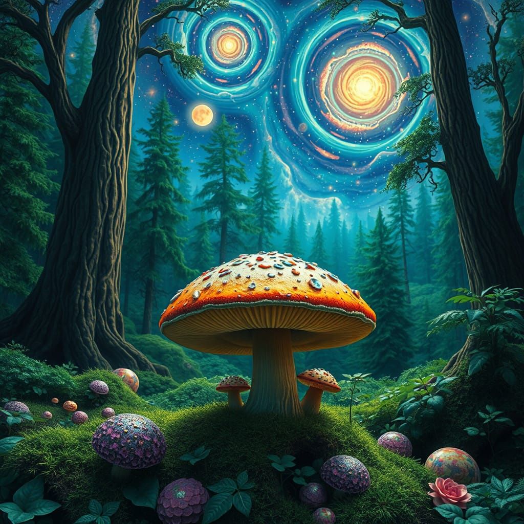 Cosmic Mushrooms in Ethereal Landscape