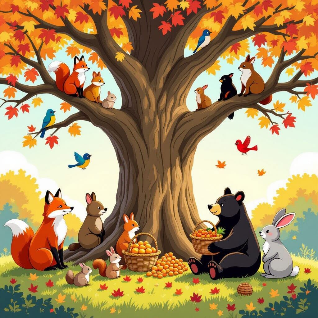 Animal Feast Under Autumn Oak Tree Illustration