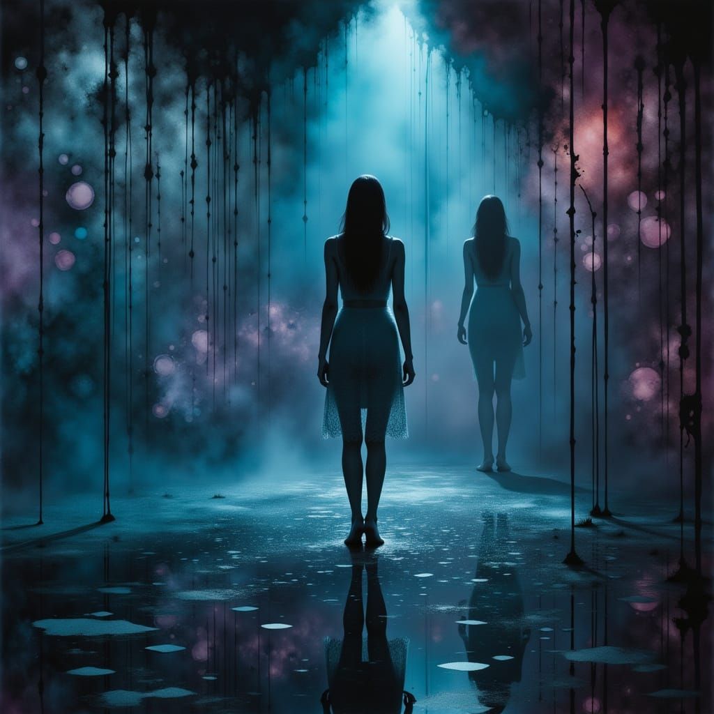 Futuristic Woman in Shattered Glass Noir Landscape