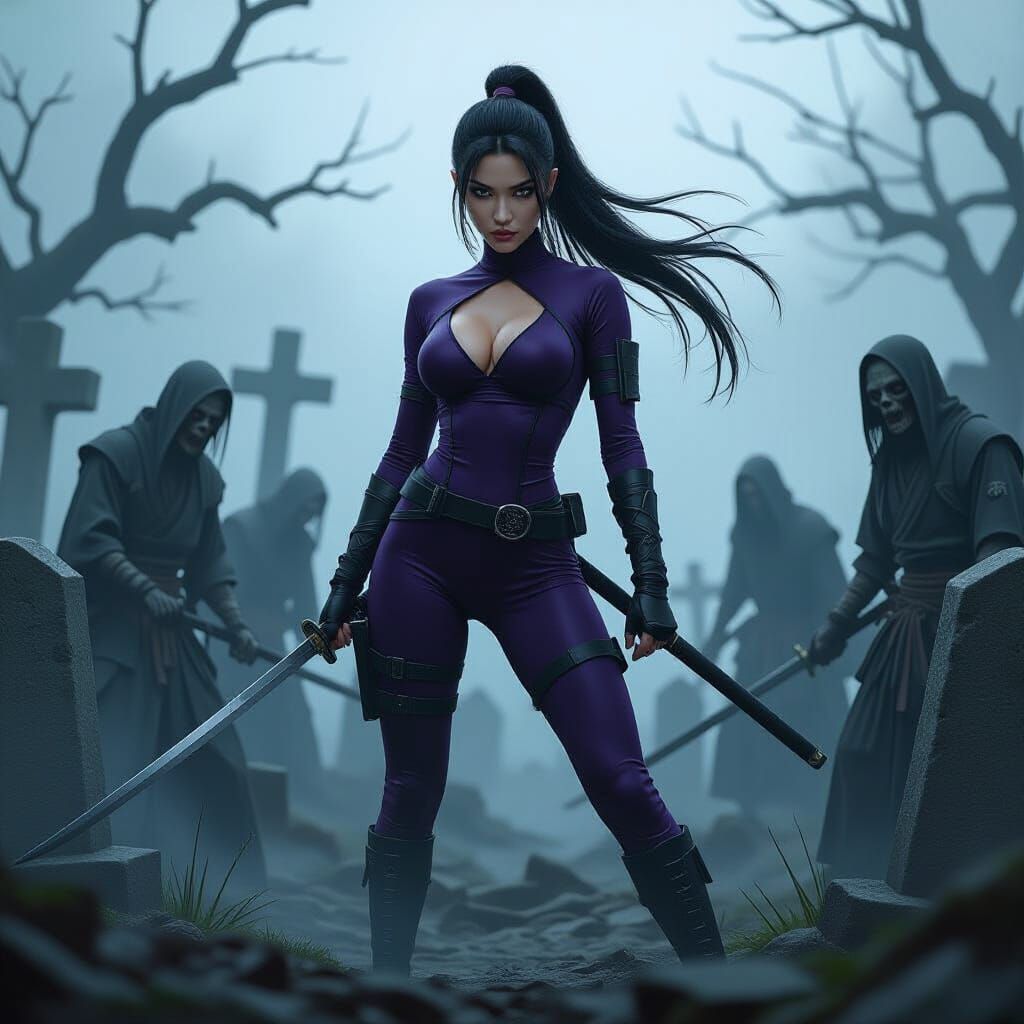 Female Ninja vs Zombie Samurai in Foggy Graveyard