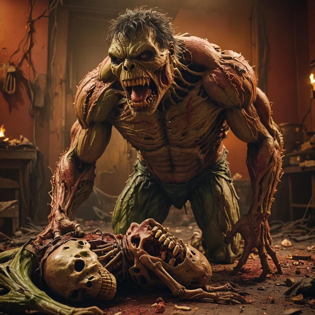 Skeletal Hulk's Agony: A Hyper-Realistic Cinematic Still