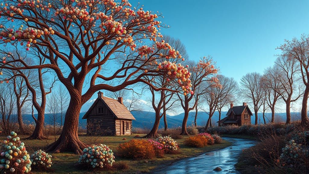 Surreal Winter Landscape with Copper Forest and Chapel