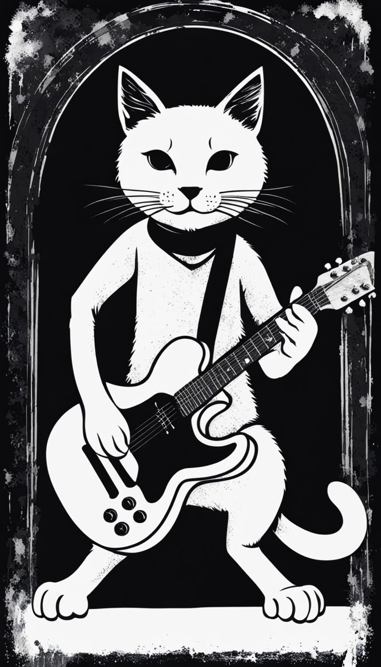Grunge Style Cat Playing Guitar Illustration