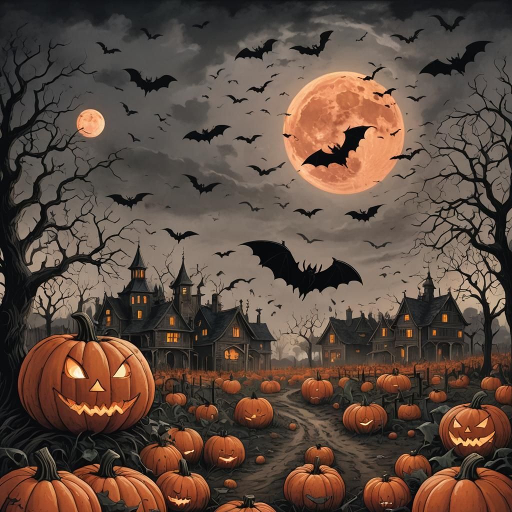 Bats, Blood Moon, and Pumpkin Patch Illustration