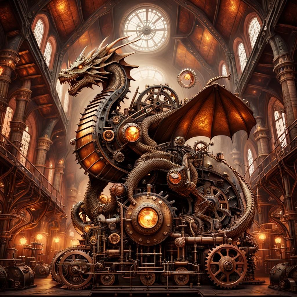 Steampunk Dragon on Engine: Fantasy Illustration