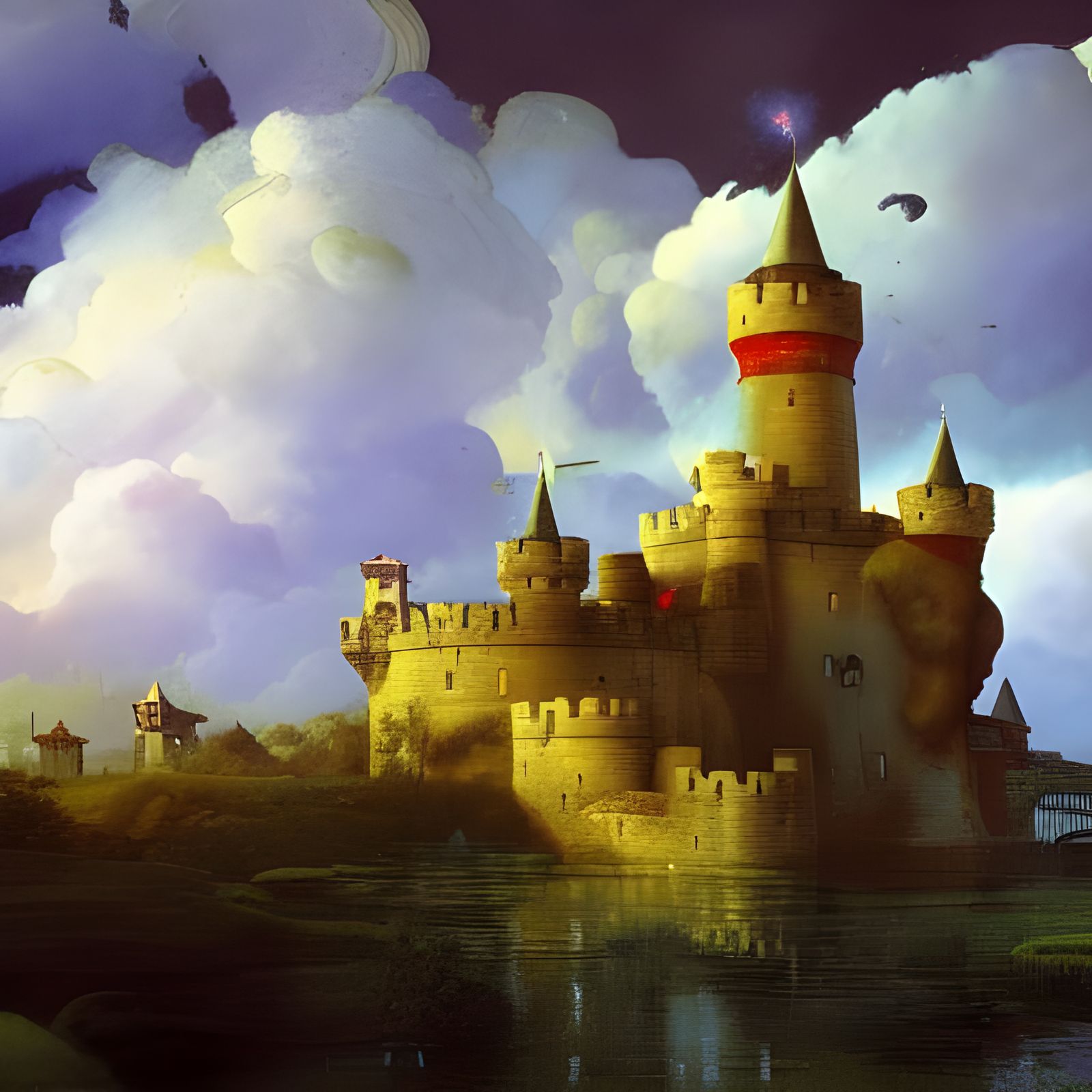 Castle Surrounded by Moat in Romanticism Style