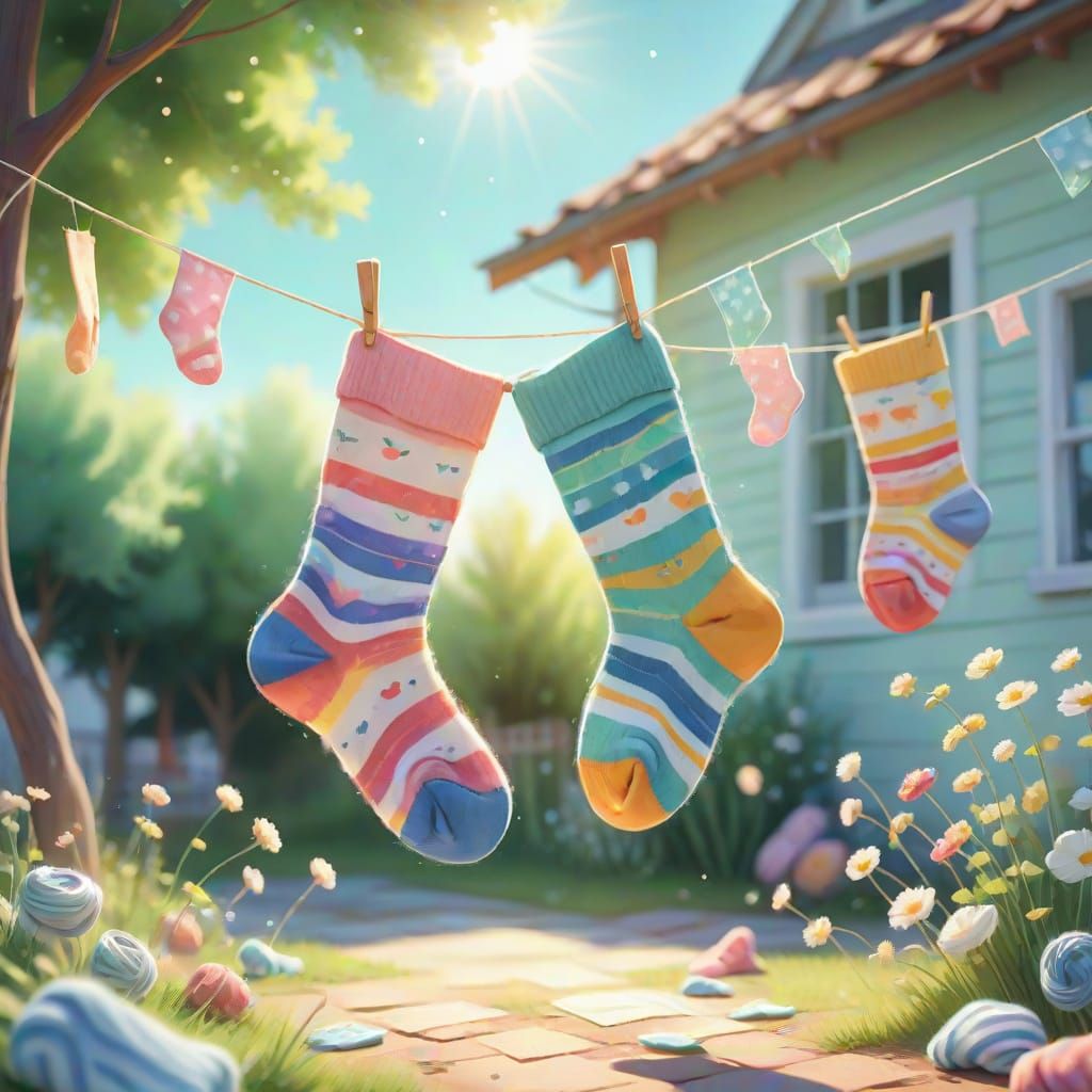A whimsical yard with a collage of different socks of a vari...