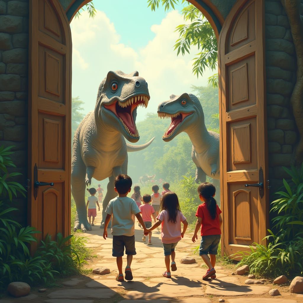 Children Enter Dinosaur-Themed Farm with Excitement and Wond...
