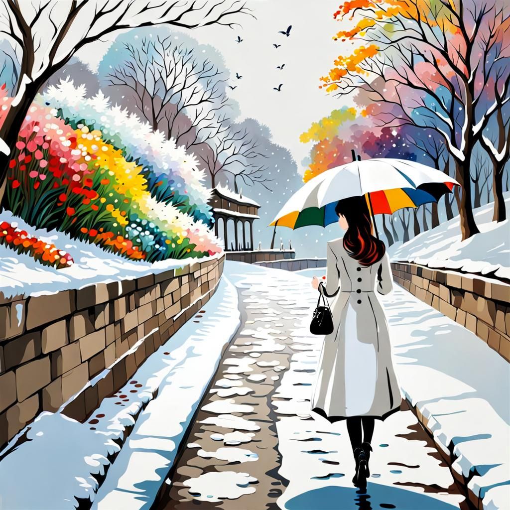 Girl with Spring Garden Umbrella in Winter Snow