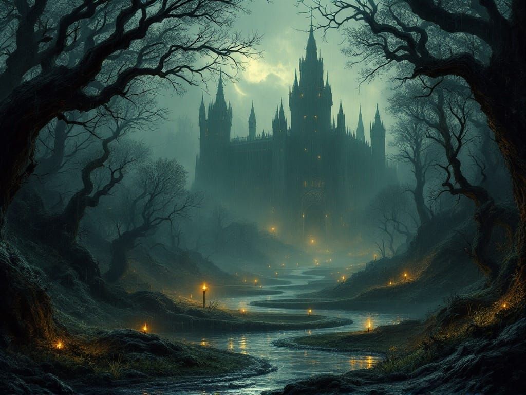 Mystical Forest with Gothic Castle in Ethereal Mist