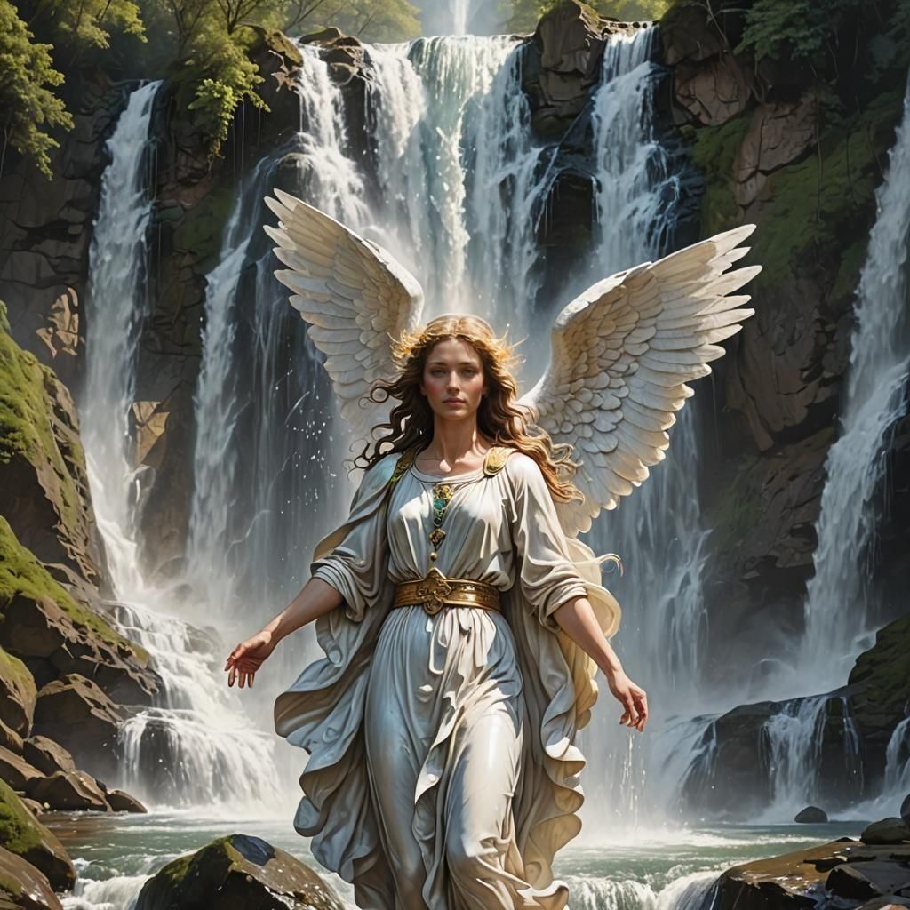 Archangel Jophiel Walking Under Waterfall in Hyperrealism