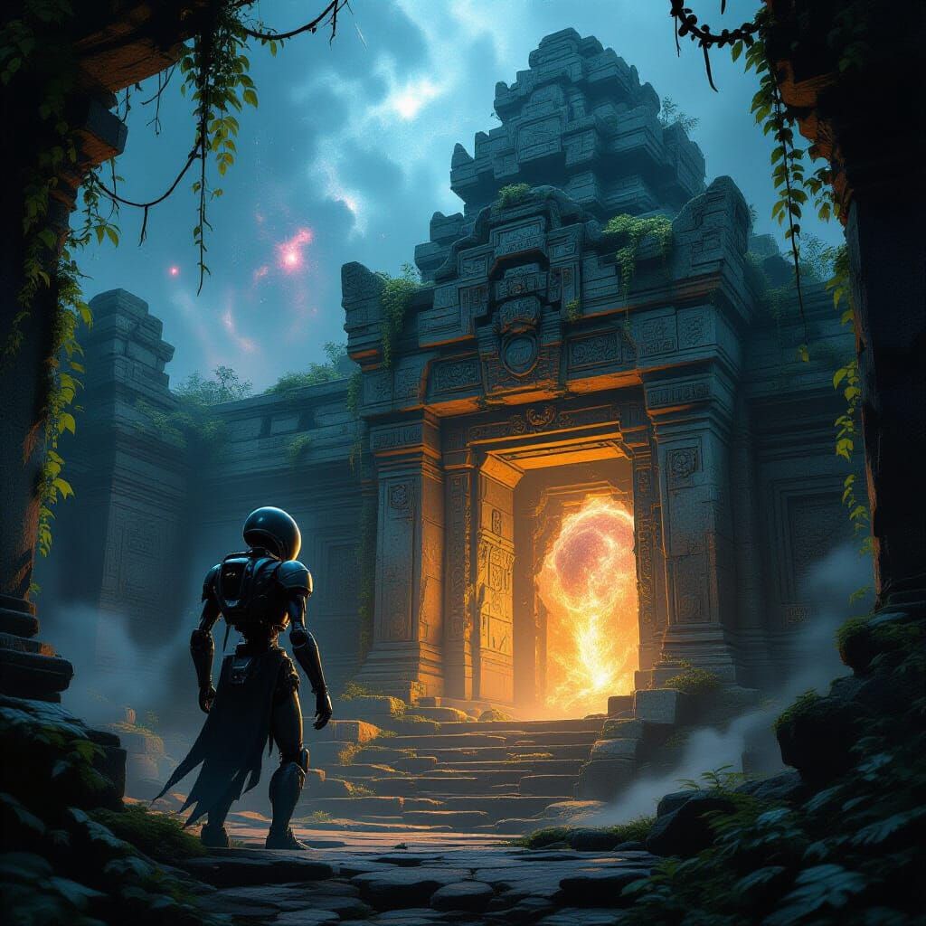 Ancient Obsidian Automaton Guards Cosmic Temple