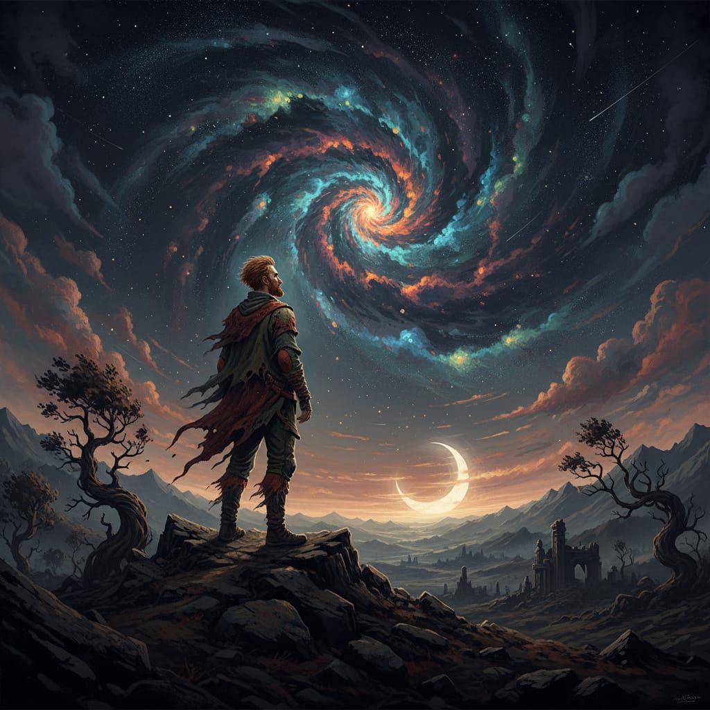 Man on Hill Under Starry Night, Hyperrealistic