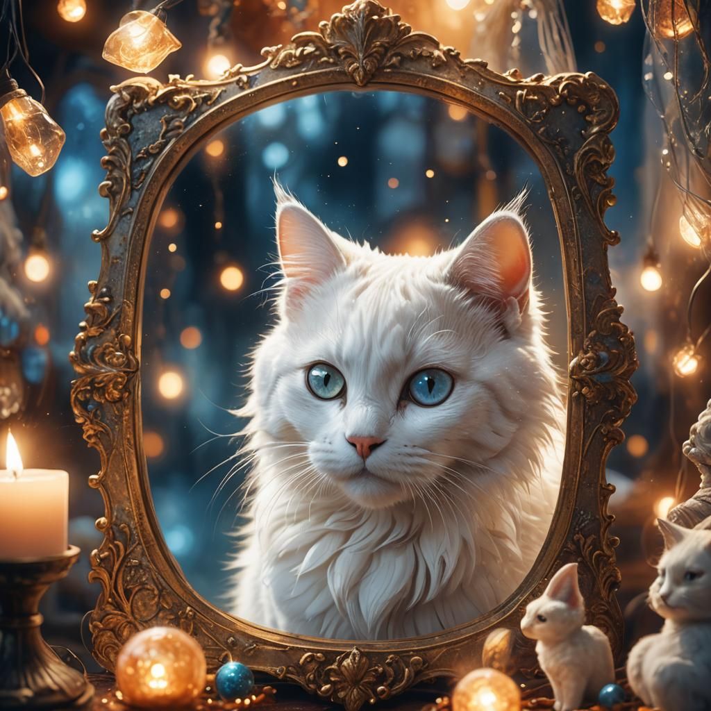 White Cat Gazing into a Mirror in Fantasy Art