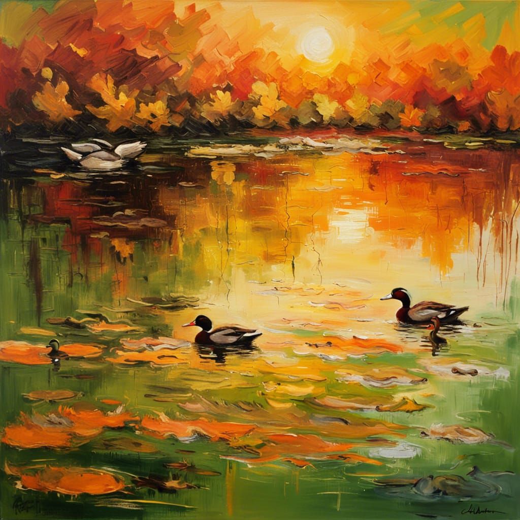 Autumn Lake Sunrise with Ducks: Impressionist Oil Painting