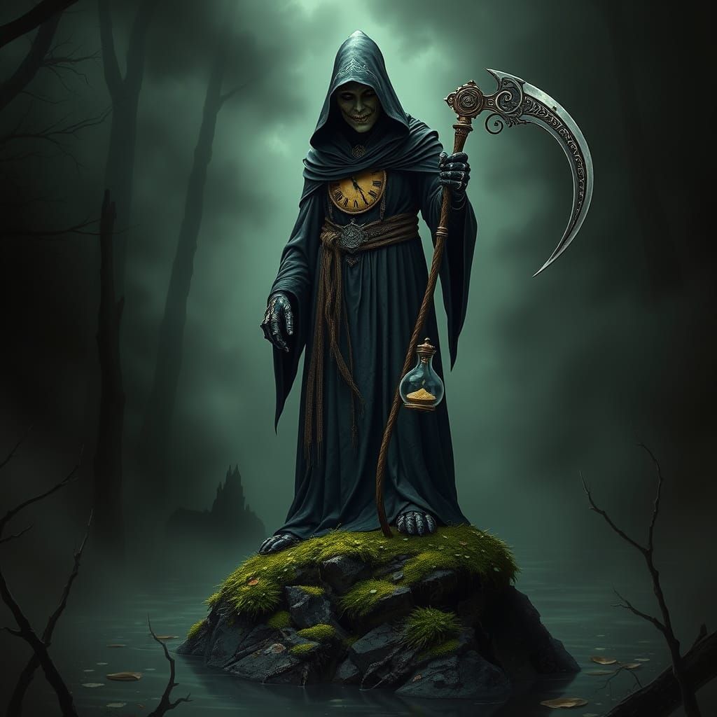 Clockwork Grim Reaper in Murky Swamp, Dark Fantasy