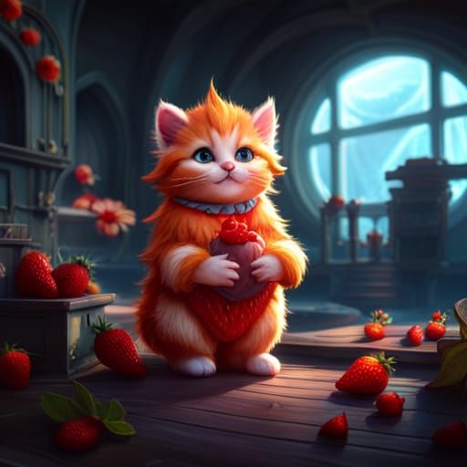 Adorable Strawberry Kitten Fantasy Concept Art