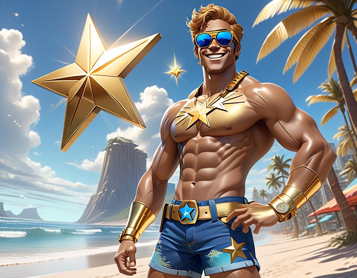 Booster Gold wearing a star sunglasses, (shirtless), (blue shorts bottoms), (belt with golden star buckle), inspired by ...