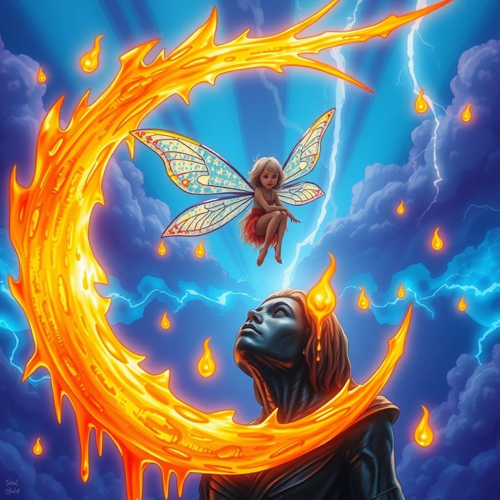 Fairy on Blazing Moon in Dreamlike Style