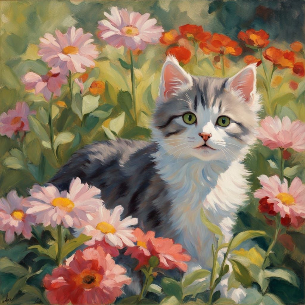Whimsical Kitten in a Floral Impressionist Garden
